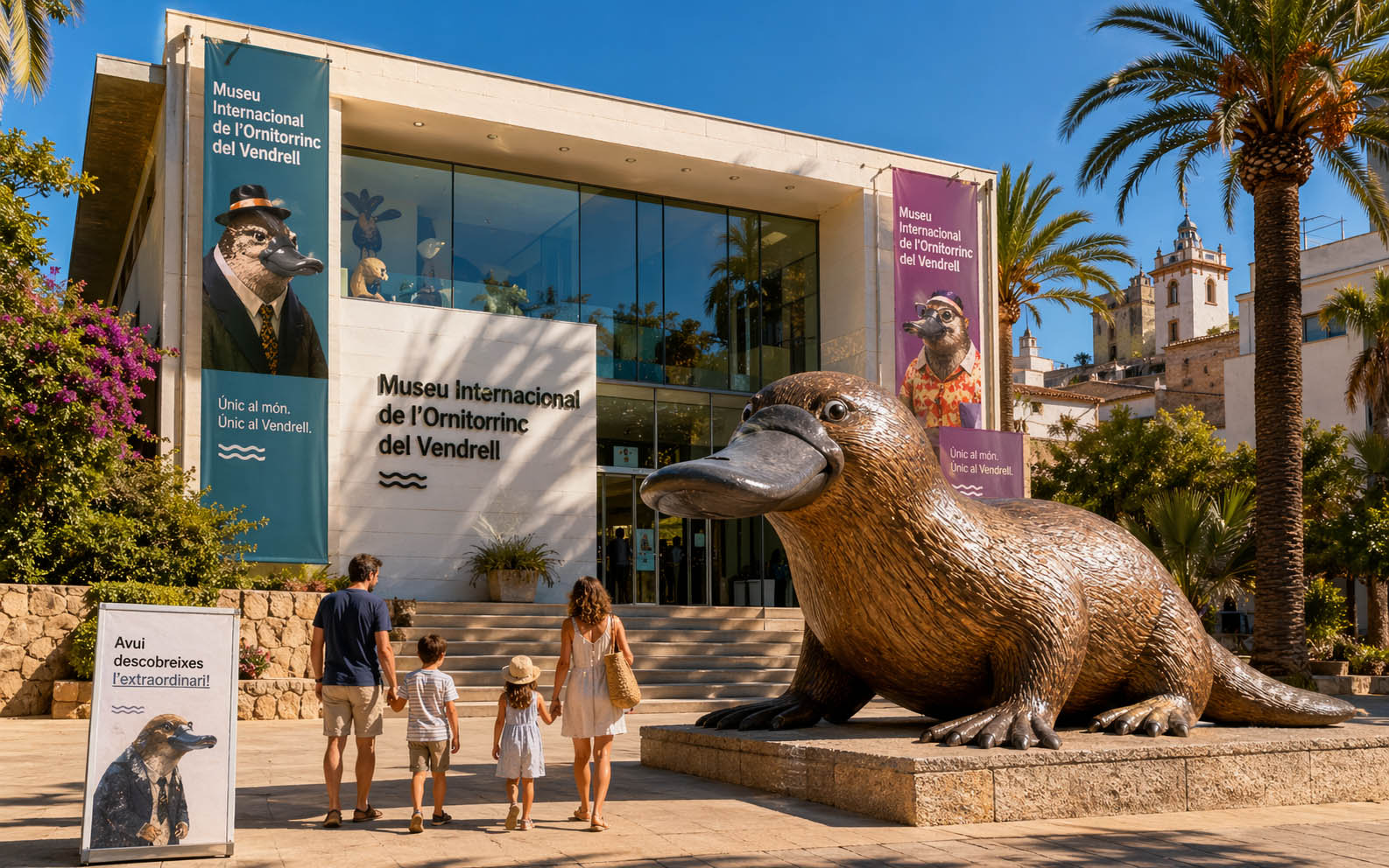 Façana del museu amb estàtua gegant d'ornitorrinc