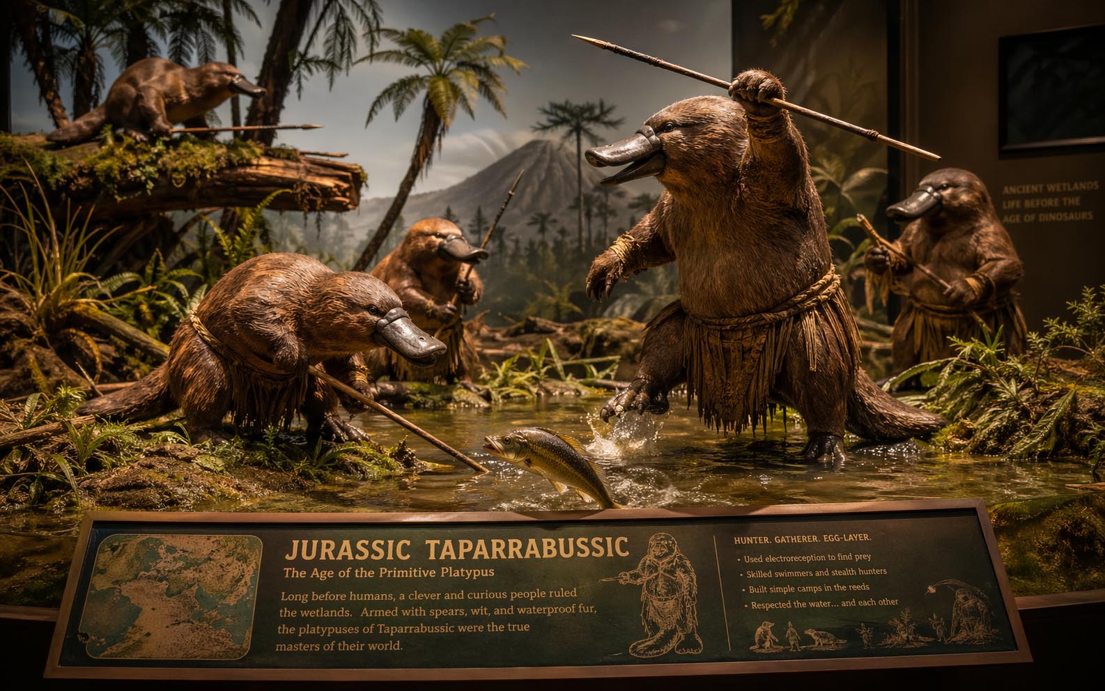 ornitorrinc prehistòric amb taparrabos en posició de caça
